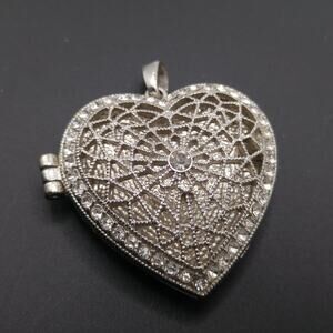 Vintage Rhinestone Heart Locket Pendant Silver Tone Filigree Perfume Holder
